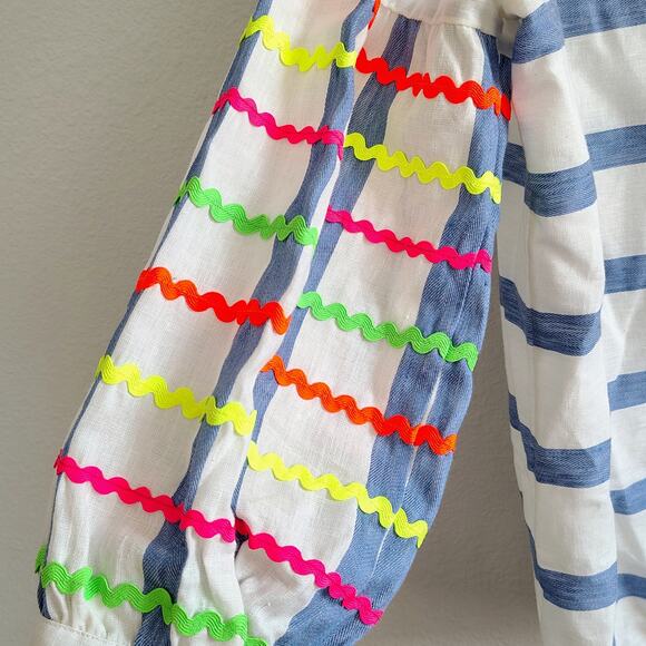 Vilagallo Size 44 Blue White Stripe Neon Wavy Color Sleeves Shirt Top Blouse - Picture 9 of 9